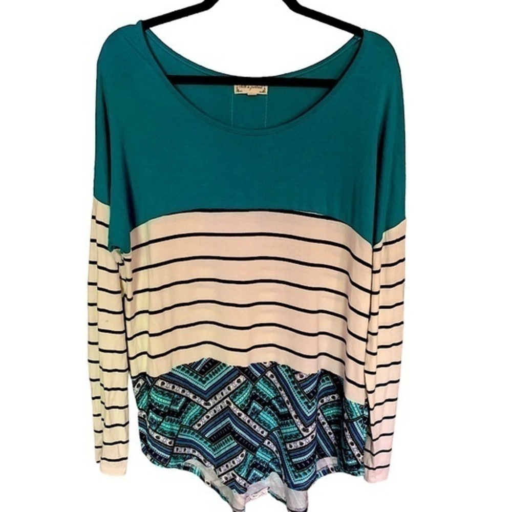 NEW Cloth & Portrait Tunic Top Size Large Teal & Cream Scoop Neck Long Sleeve